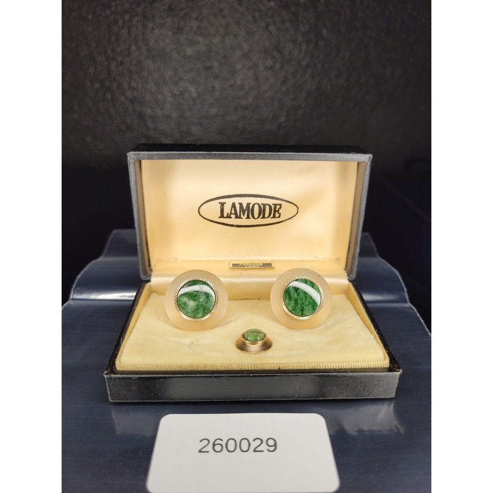 Lamode Cufflink Tie Tack Set Gold Tone Genuine Jade Marbled Green White EX